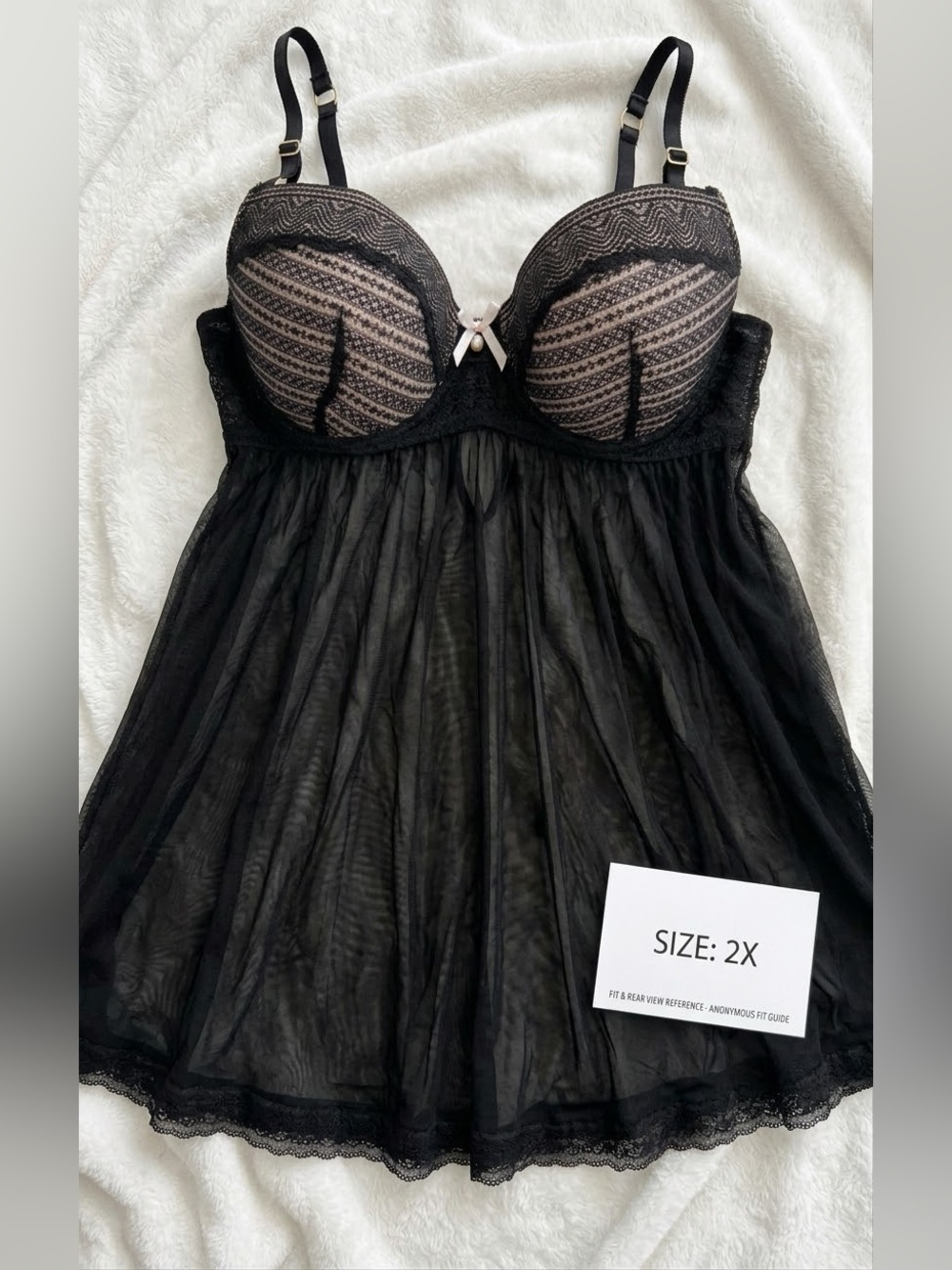 Daisy Fuentes Lingerie 2X Black Lace Mesh Babydoll Chemise Padded Underwire Plus